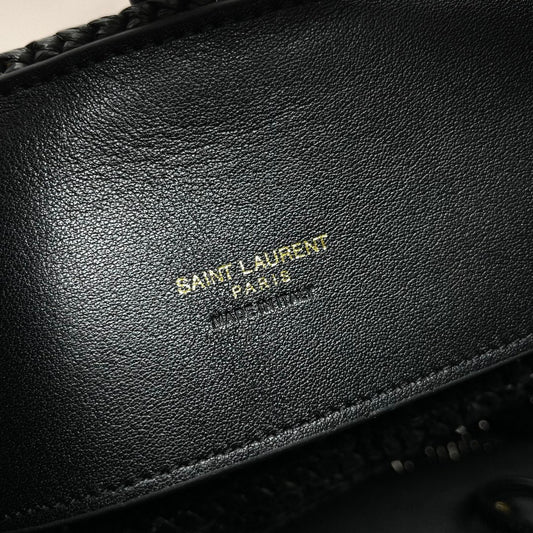 Luxury Saint Laurent YSL LE 37 20CM BLACK RAFFIA BUCKET BAG