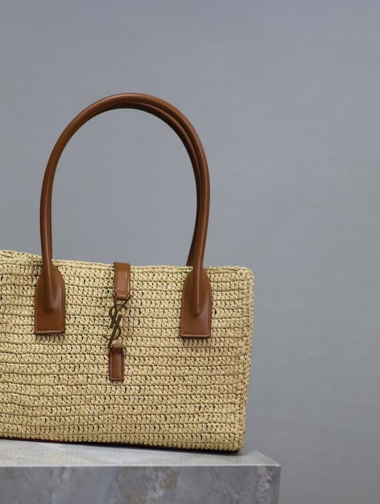 Luxury Saint Laurent YSL TOTE BAG 29CM PANIER LEATHER TRIMMED RAFFIA