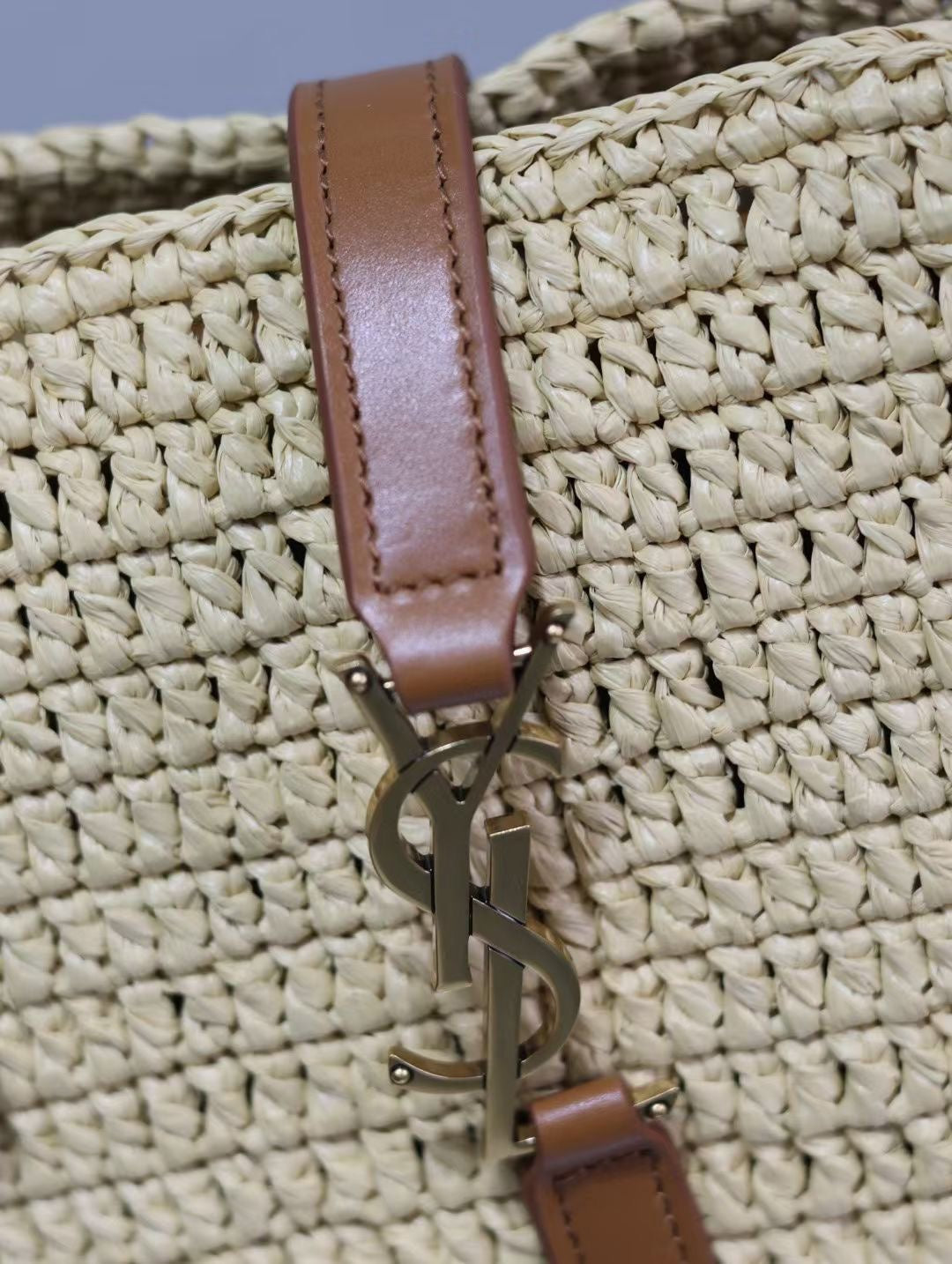 Luxury Saint Laurent YSL TOTE BAG 29CM PANIER LEATHER TRIMMED RAFFIA