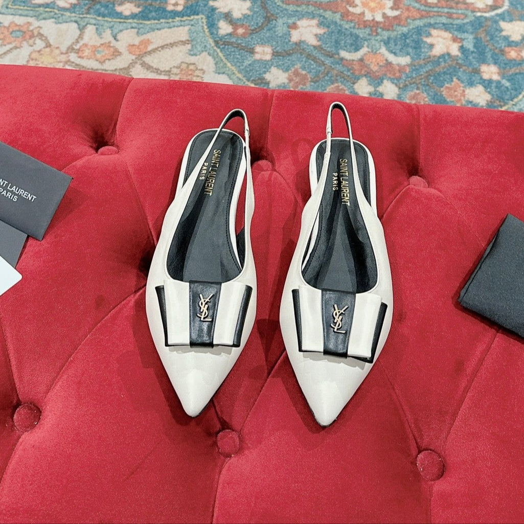Luxury Saint Laurent CASSANDRA SLINGBACK FLAT IN WHITE MIX BLACK SMOOTH LAMBSKIN