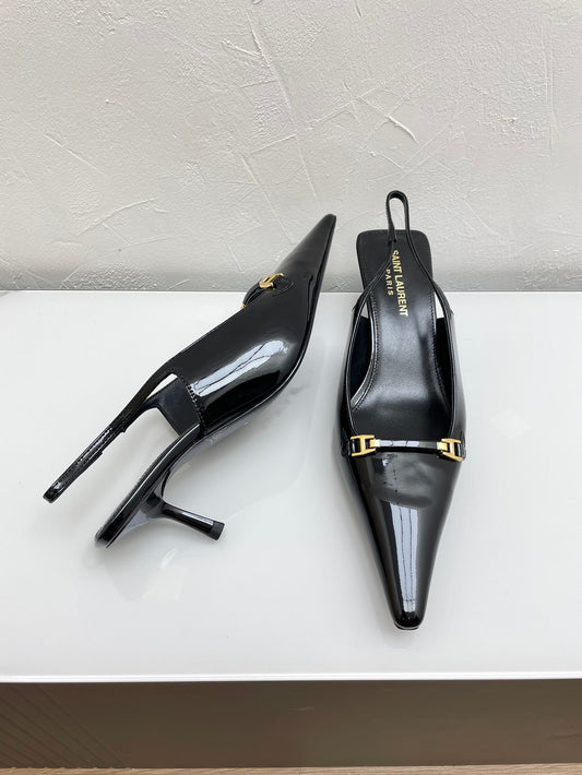 Luxury Saint Laurent CARINE SLINGBACK PUMPS 45 IN PATENT BLACK LEATHER