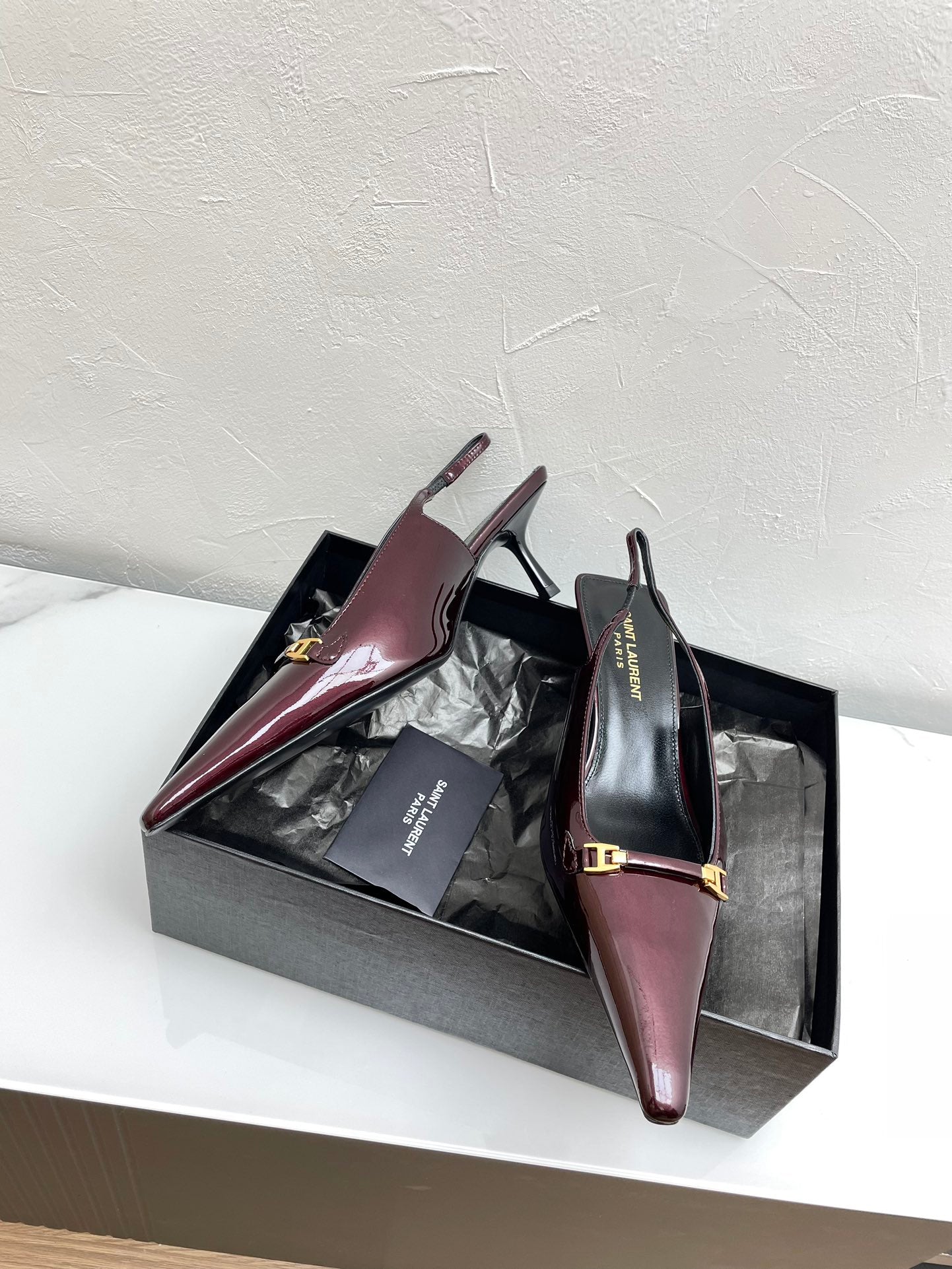Luxury Saint Laurent CARINE SLINGBACK PUMPS 45 IN PATENT MAROON LEATHER
