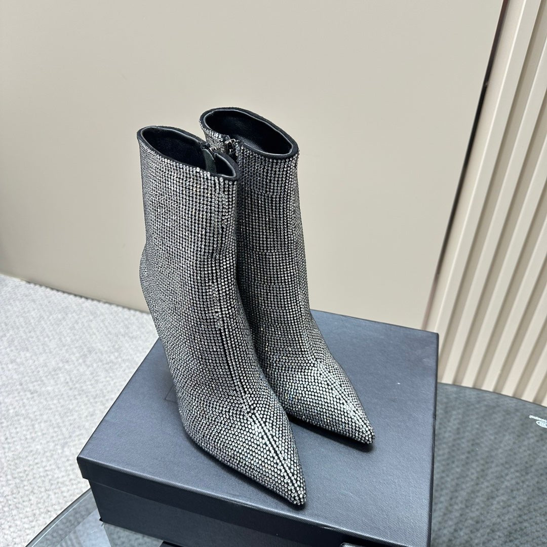 Luxury Saint Laurent SL OPYUM GLITTER HEELED BOOT BLACK CALFSKIN