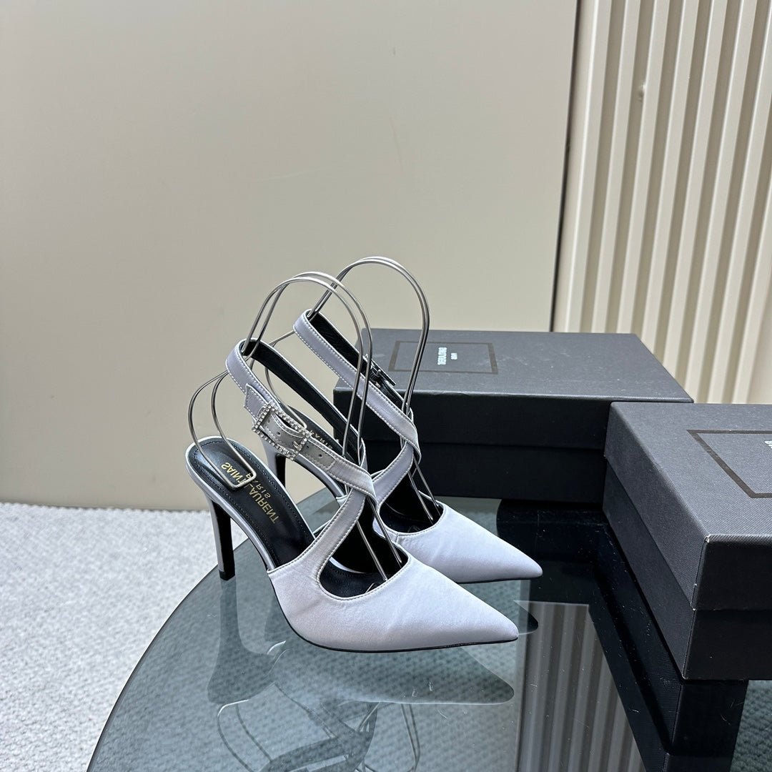 Luxury Saint Laurent SL CROSS-STRAP SLINGBACK LIGHT BLUE SATIN