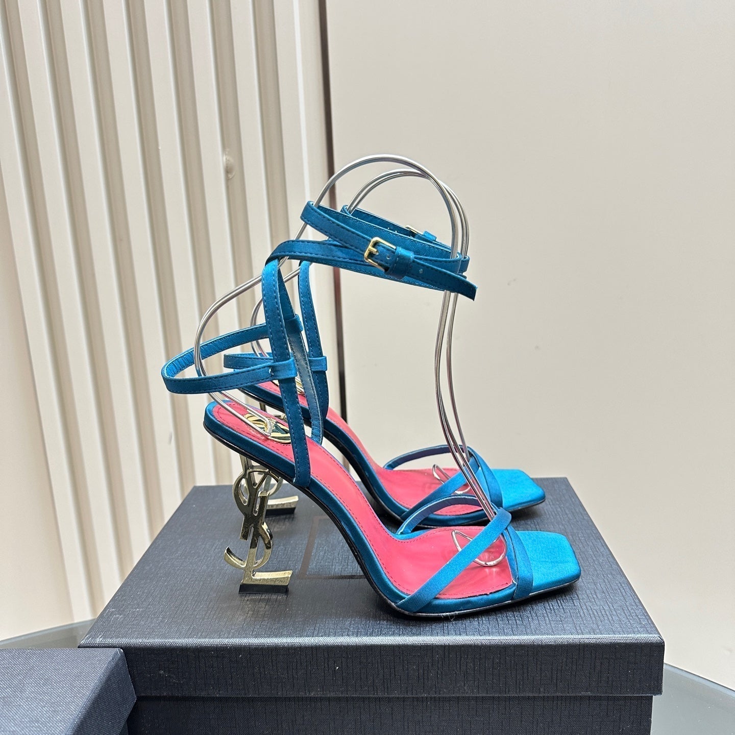 Luxury Saint Laurent OPYUM HIGH SANDALS IN DUCK BLUEE SILK