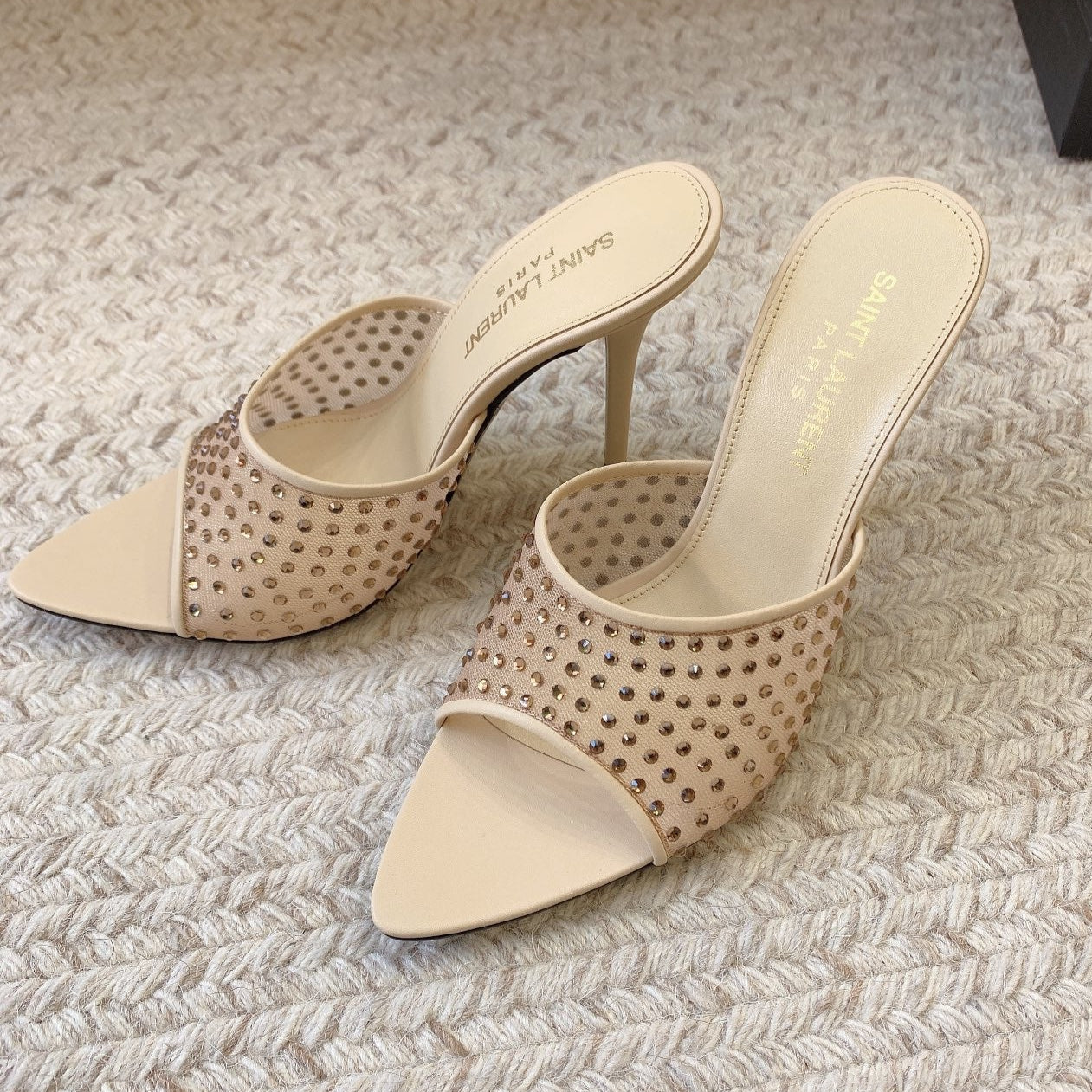 Luxury Saint Laurent LA 16 HEELED MULES ATTACHED RHINESTONES IN CREAM MESH