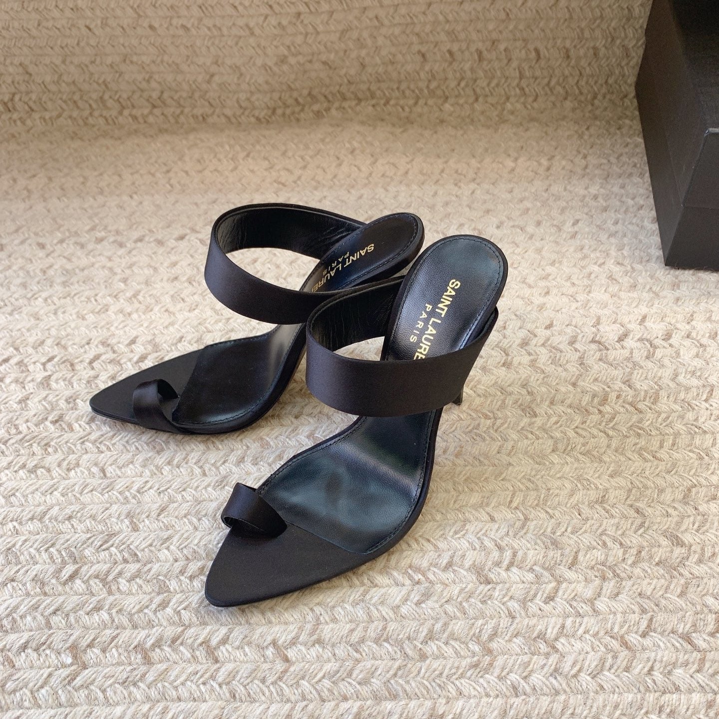 Luxury Saint Laurent MARTHA POINTED OPEN-TOE HIGH MULES IN BLACK SILK
