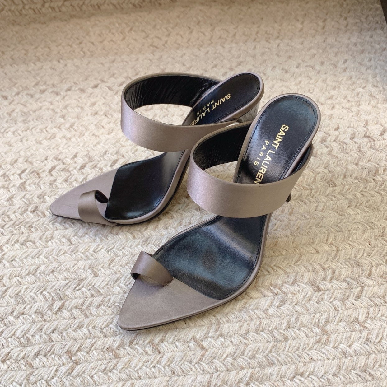 Luxury Saint Laurent MARTHA POINTED OPEN-TOE HIGH MULES IN GRAY SILK