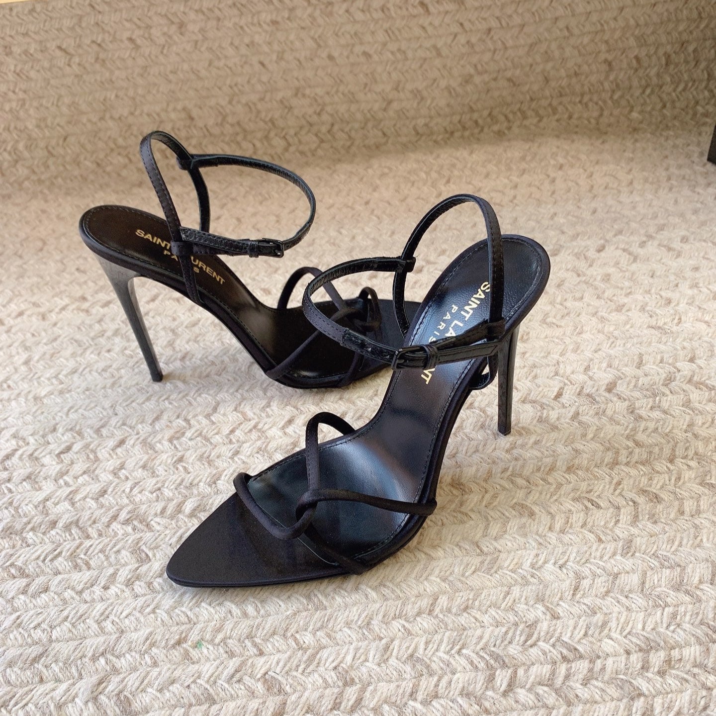 Luxury Saint Laurent STRAPPY HIGH HEEL SANDALS IN BLACK SILK