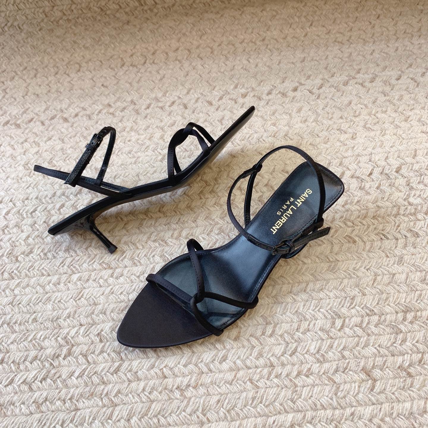 Luxury Saint Laurent STRAPPY MID HEEL SANDALS IN BLACK SILK