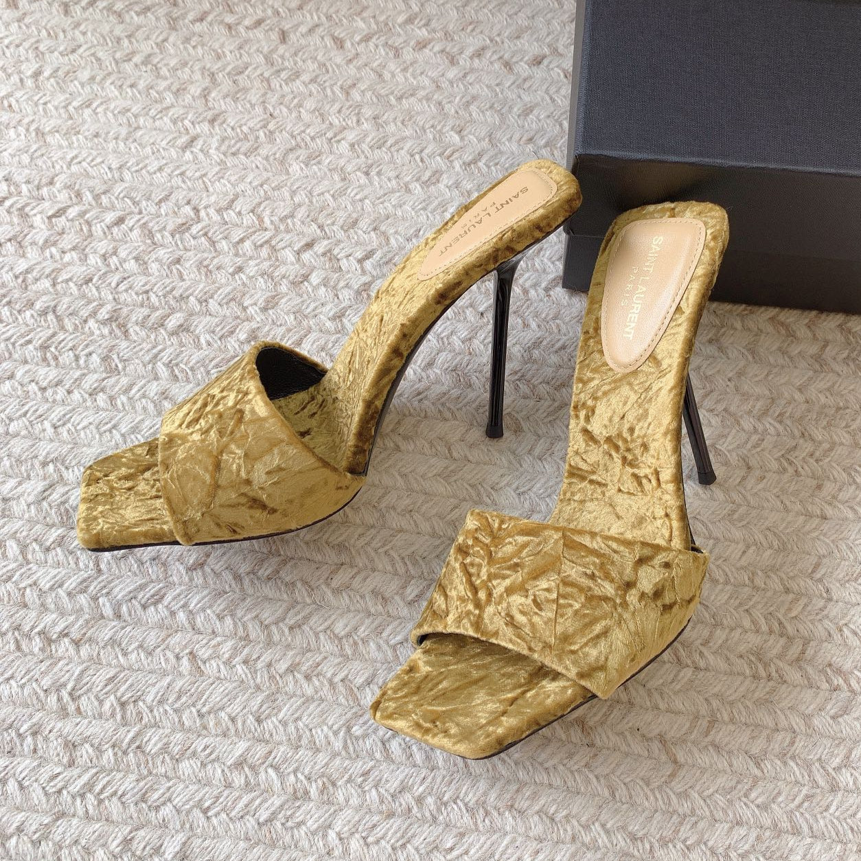 Luxury Saint Laurent HIGH HEEL SLIDES IN SAND YELLOW VELVET