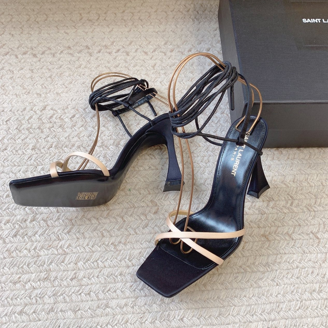 Luxury Saint Laurent LIZA SANDALS IN BLACK AND NUDE SILK