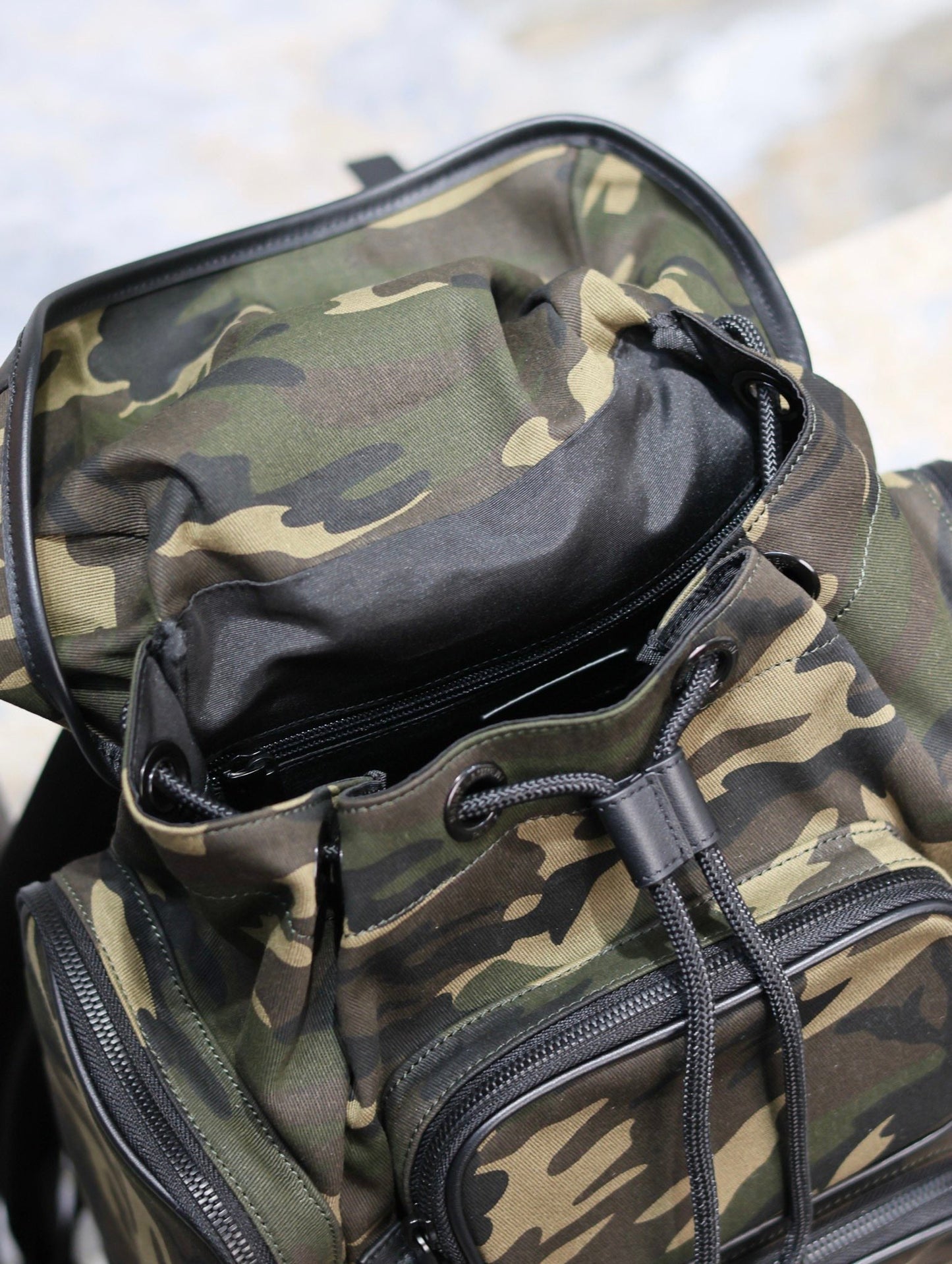 Luxury Saint Laurent CITY MULTI-POCKET BACKPACK 42 IN CAMOUFLAGE PATTERN NYLON AND BLACK CALFSKIN