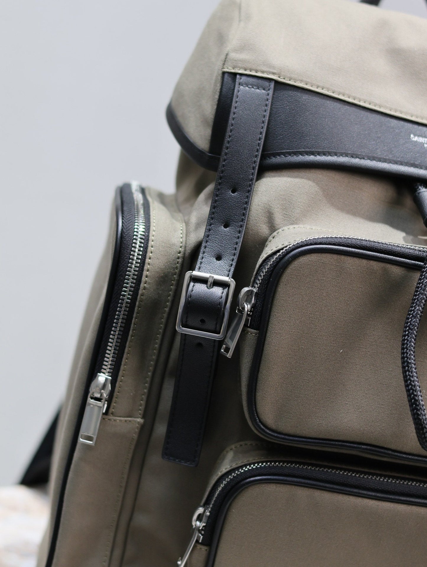 Luxury Saint Laurent CITY MULTI-POCKET BACKPACK 42 IN KHAKI GREEN NYLON AND BLACK SMOOTH CALFSKIN