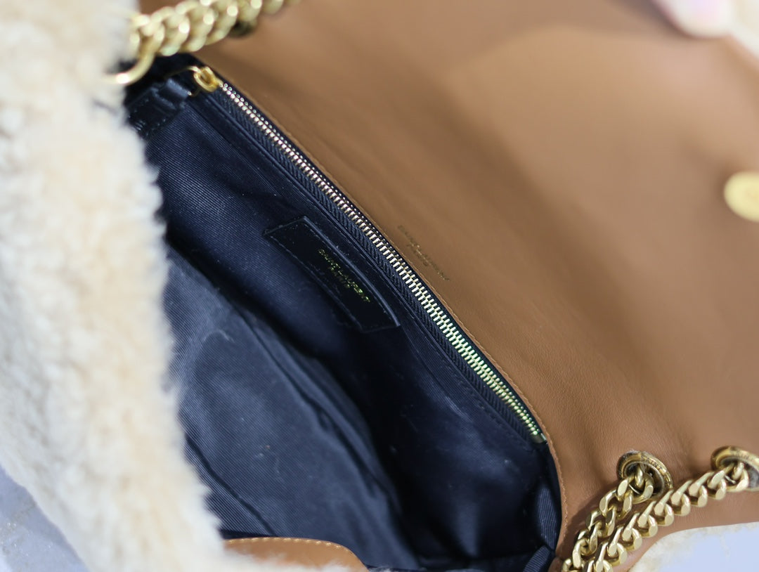 Luxury Saint Laurent CALYPSO BAG 26 IN BEIGE SHEARLING WITH BROWN SUEDE HANDLE