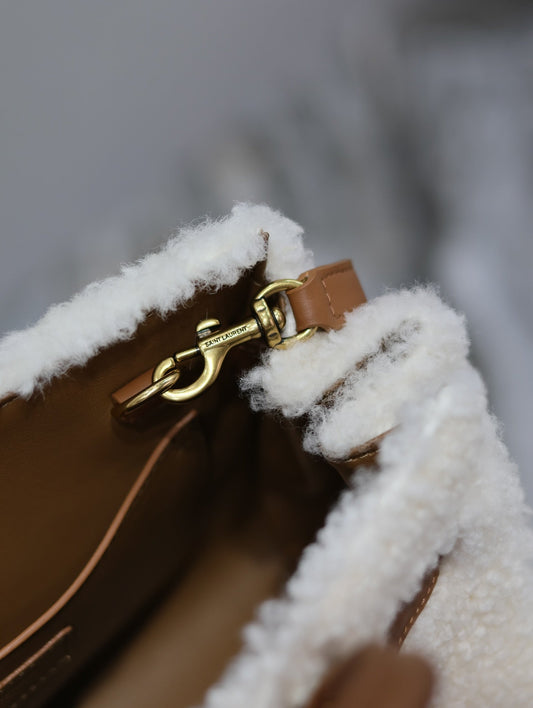 Luxury Saint Laurent SAC DE JOUR 22 IN WHITE SHEARLING AND BROWN CALFSKIN TRIM