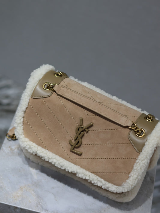 Luxury Saint Laurent NIKI SMALL 22 IN CAMEL SUEDE AND WHITE SHEARLING