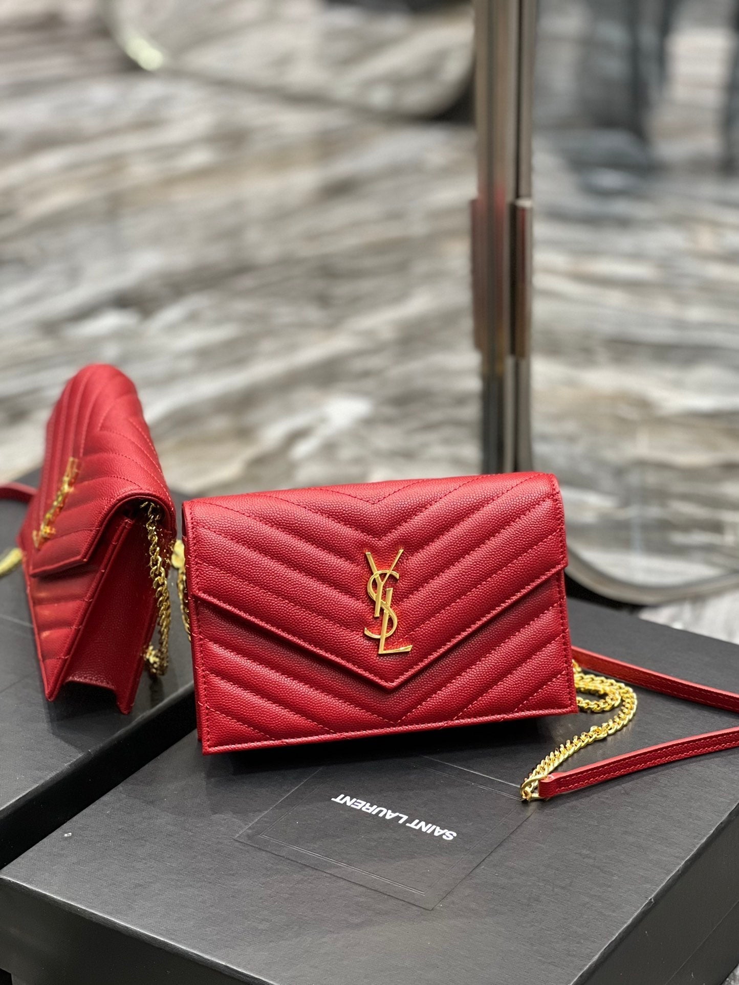 Luxury Saint Laurent YL WOC 19 RED CHEVERON CAVIAR GOLD HARDWARE