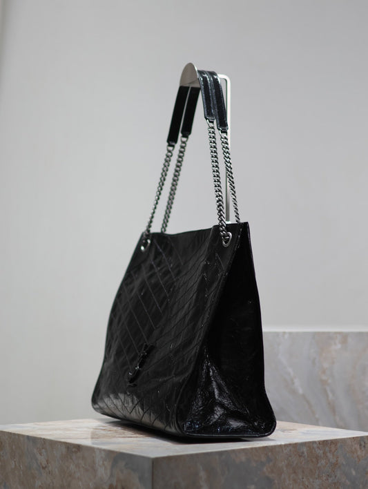 Luxury Saint Laurent NIKI SHOPPING BAG 39 IN BLACK CRUMPLED CALFSKIN SILVER HARDWARE