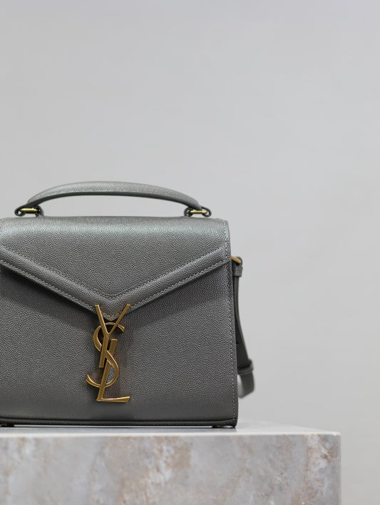 Luxury Saint Laurent CASSANDRA MINI TOP HANDLE BAG 20 IN GRAY CALFSKIN GOLD HARDWARE