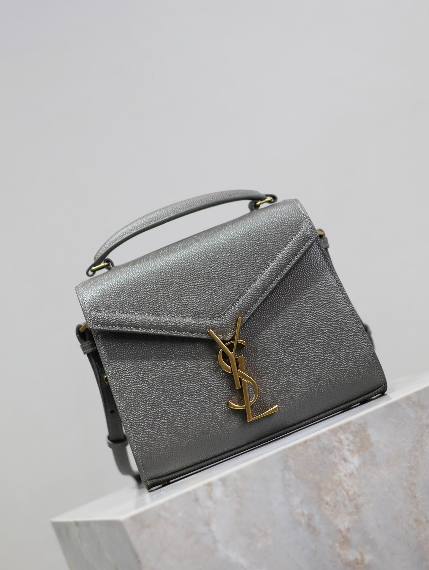 Luxury Saint Laurent CASSANDRA MINI TOP HANDLE BAG 20 IN GRAY CALFSKIN GOLD HARDWARE