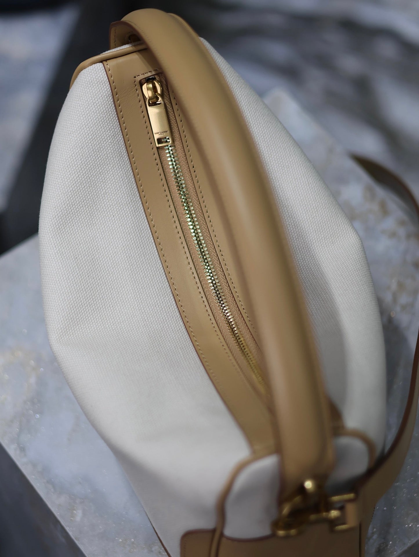 Luxury Saint Laurent CAMERA SUPPLE BAG 28 IN WHITE CANVAS AND BROWN CALFSKIN TRIM