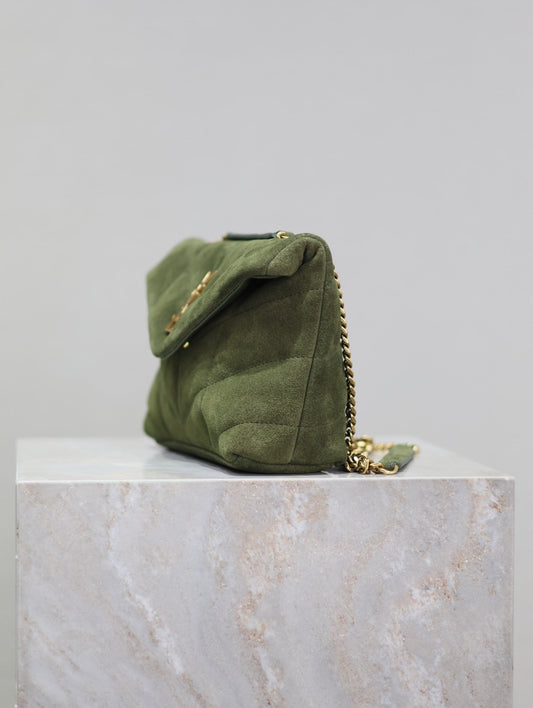Luxury Saint Laurent PUFFER TOY 23 IN PICKLE GREEN SUEDE GOLD HARDWARE