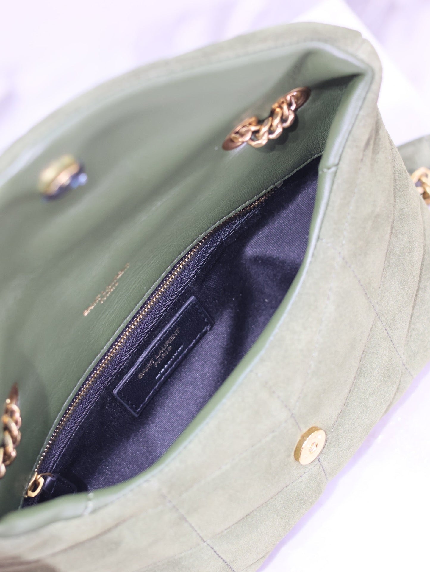 Luxury Saint Laurent PUFFER TOY 23 IN PICKLE GREEN SUEDE GOLD HARDWARE