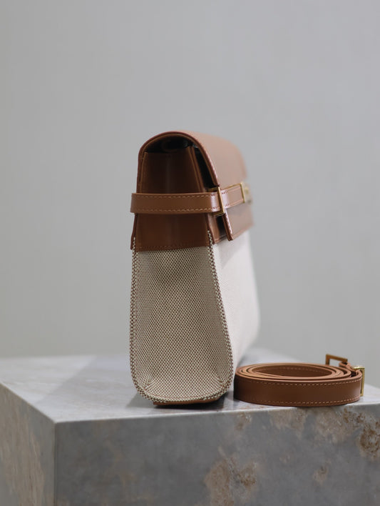 Luxury Saint Laurent MANHATTAN MEDIUM 29 IN WHITE CANVAS AND BROWN CALFSKIN GOLD BUCKLE