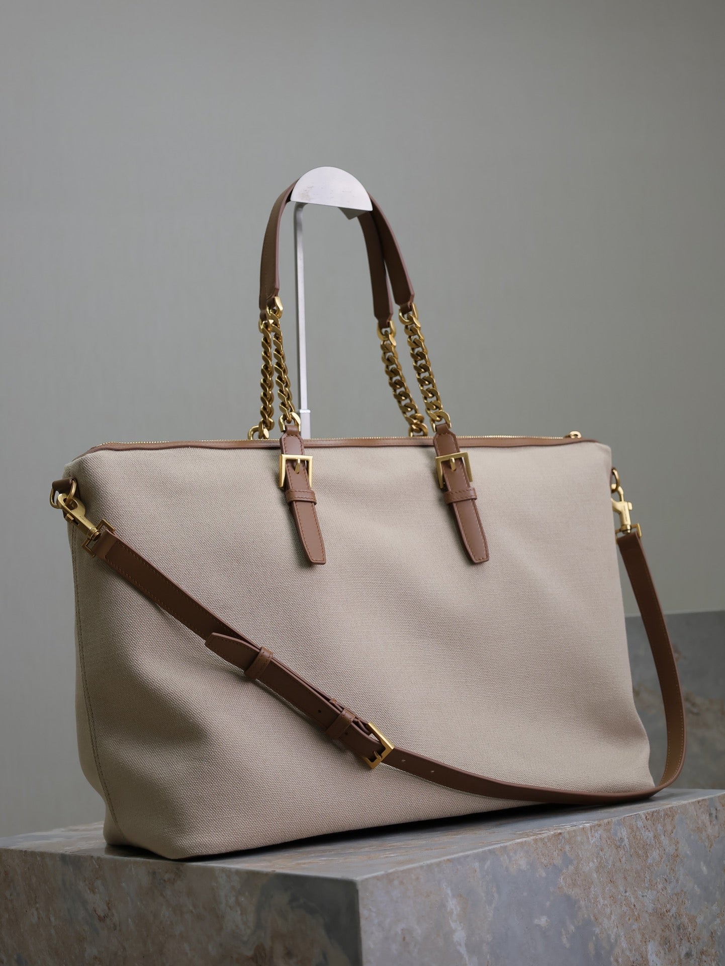 Luxury Saint Laurent TRAVEL BAG 48 IN WHITE CANVAS AND BROWN LEATHER TRIM GOLD HARDWARE
