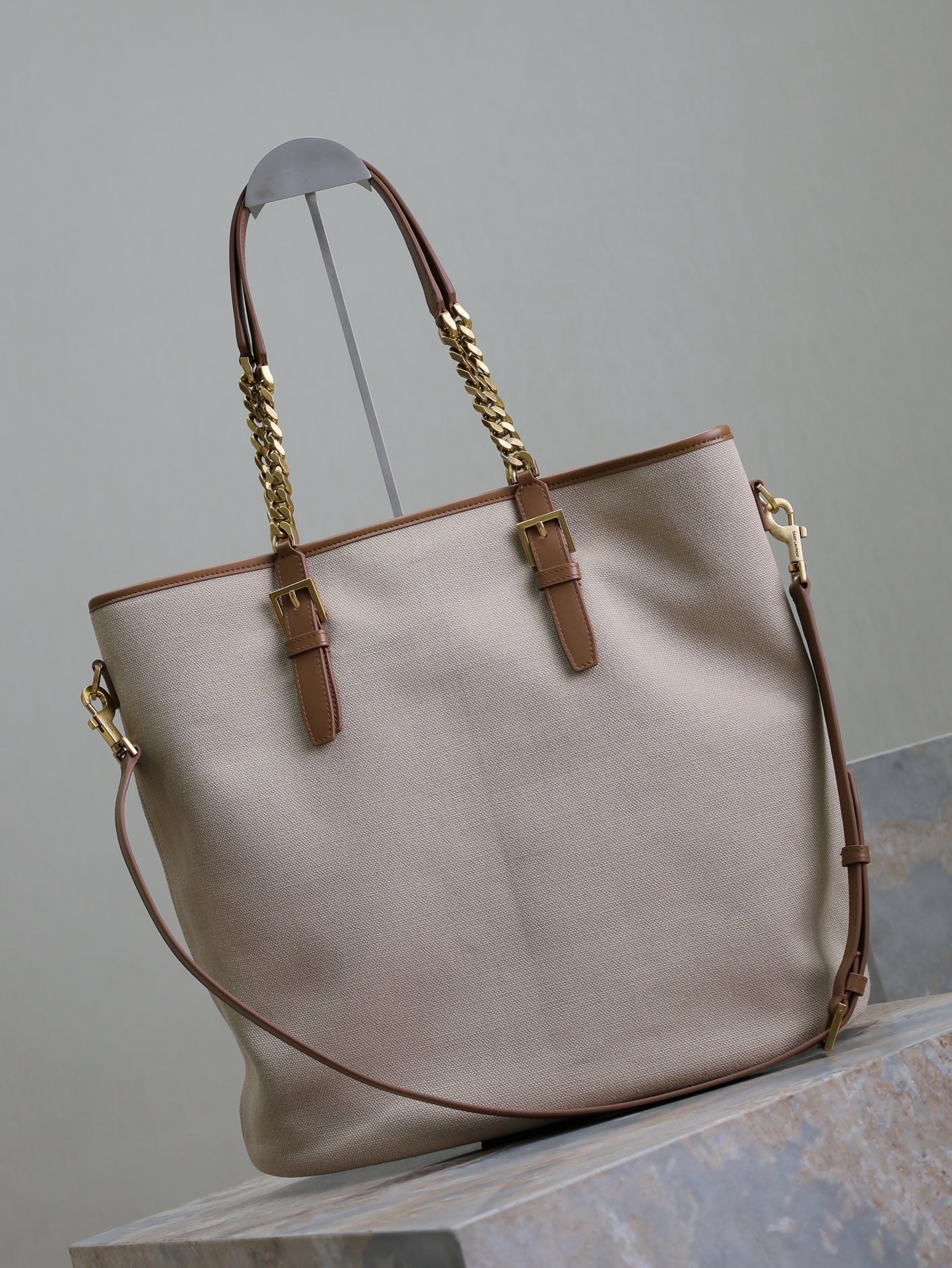 Luxury Saint Laurent TOTE BAG 38 IN WHITE CANVAS AND BROWN LEATHER TRIM GOLD HARDWARE