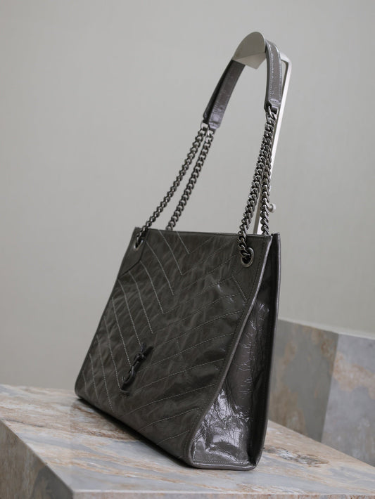 Luxury Saint Laurent NIKI SHOPPING BAG 33 IN GRAY CRUMPLED CALFSKIN