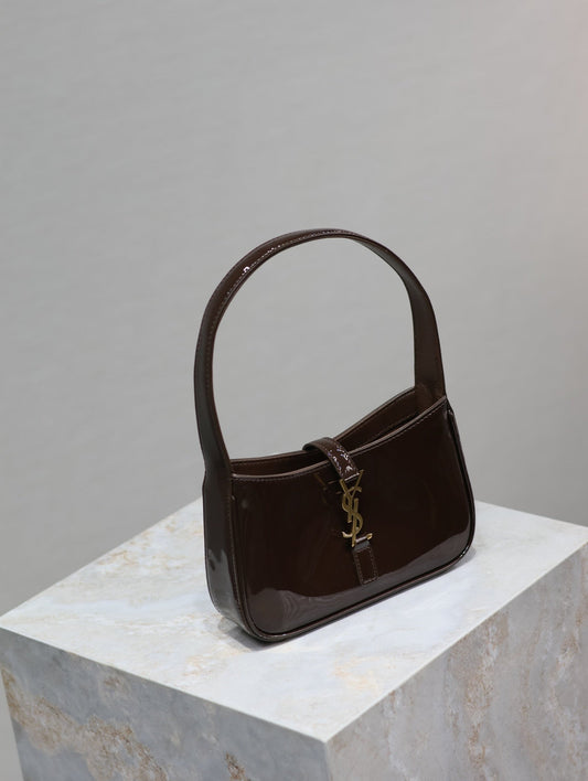 Luxury Saint Laurent LE 5 À 7 MINI BAG 19 IN CHOCOLATE PATENT CALFSKIN GOLD LOGO