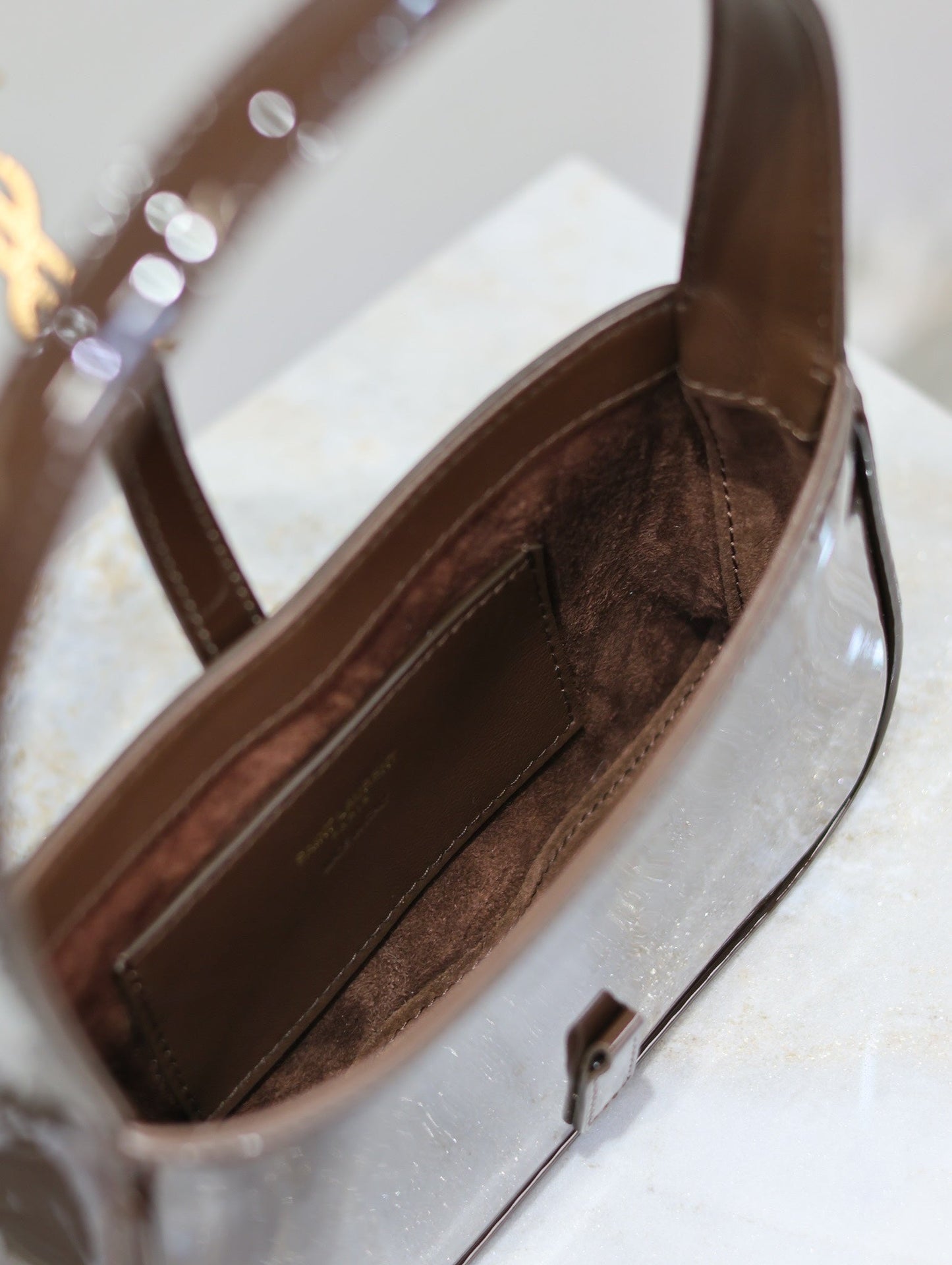 Luxury Saint Laurent LE 5 À 7 MINI BAG 19 IN CHOCOLATE PATENT CALFSKIN GOLD LOGO