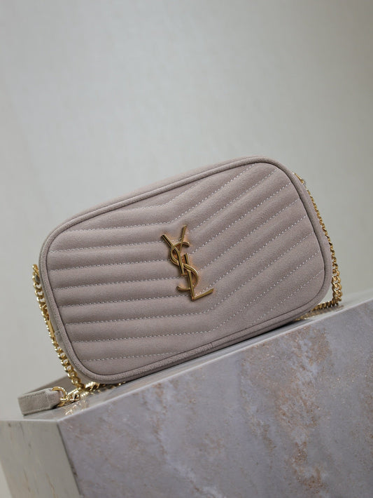 Luxury Saint Laurent LOU MINI CAMERA BAG 18 IN SILVER PINK SUEDE GOLD HARDWARE