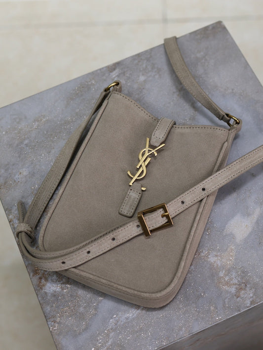 Luxury Saint Laurent LE 5 À 7 HOBO MINI BAG 18 IN LIGHT BROWN SUEDE COPPER HARDWARE