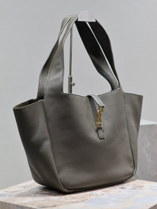 Luxury Saint Laurent LE 5 À 7 BEA TOTE BAG 50 IN KHAKI GREEN LAMBSKIN COPPER LOGO