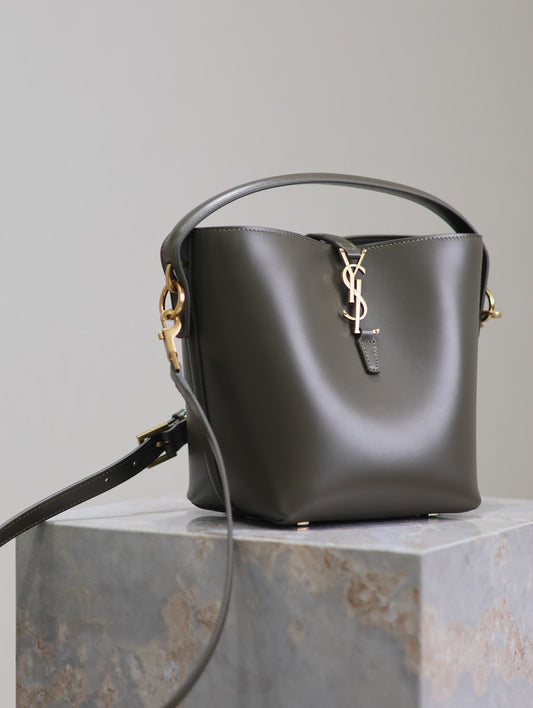 Luxury Saint Laurent LE 37 SMALL BUCKET BAG 20 IN KHAKI GREEN CALFSKIN GOLD HARDWARE