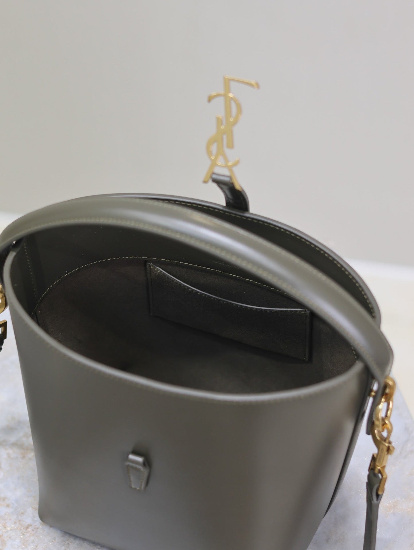 Luxury Saint Laurent LE 37 SMALL BUCKET BAG 20 IN KHAKI GREEN CALFSKIN GOLD HARDWARE
