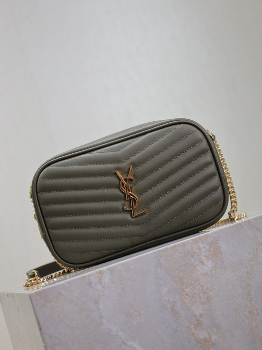 Luxury Saint Laurent LOU MINI CAMERA BAG 18 IN KOMBU GREEN QUILTED CALFSKIN