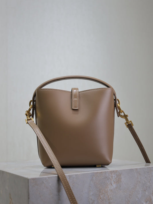 Luxury Saint Laurent LE 37 MINI BUCKET BAG 15 IN BROWN CALFSKIN GOLD HARDWARE