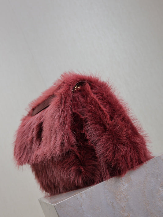 Luxury Saint Laurent NIKI LARGE 32 IN CURRANT RED RABBIT FUR GOLD HARDWARE