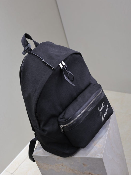 Luxury Saint Laurent CITY BACKPACK 38 IN BLACK CANVAS WITH WHITE EMBROIDED LOGO