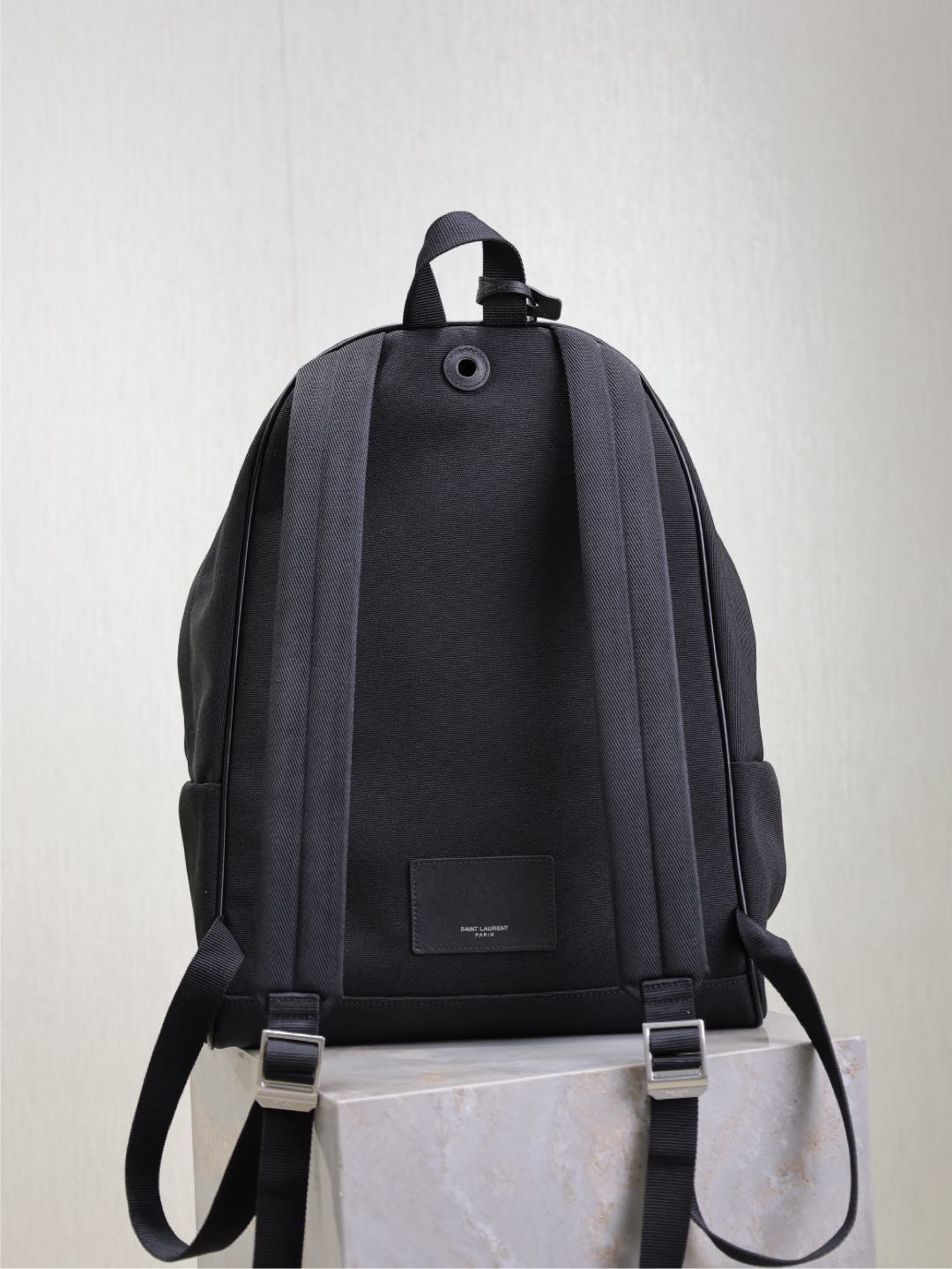 Luxury Saint Laurent CITY BACKPACK 38 IN BLACK CANVAS WITH WHITE EMBROIDED LOGO