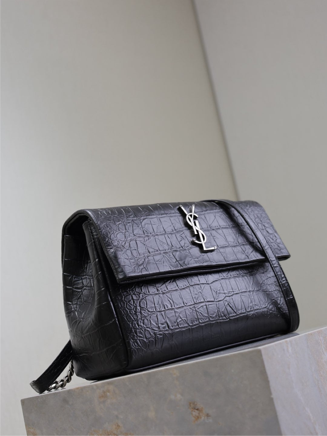 Luxury Saint Laurent WEST HOLLYWOOD BAG 28 IN BLACK CROCODILE TEXTURED CALFSKIN SILVER HARDWARE