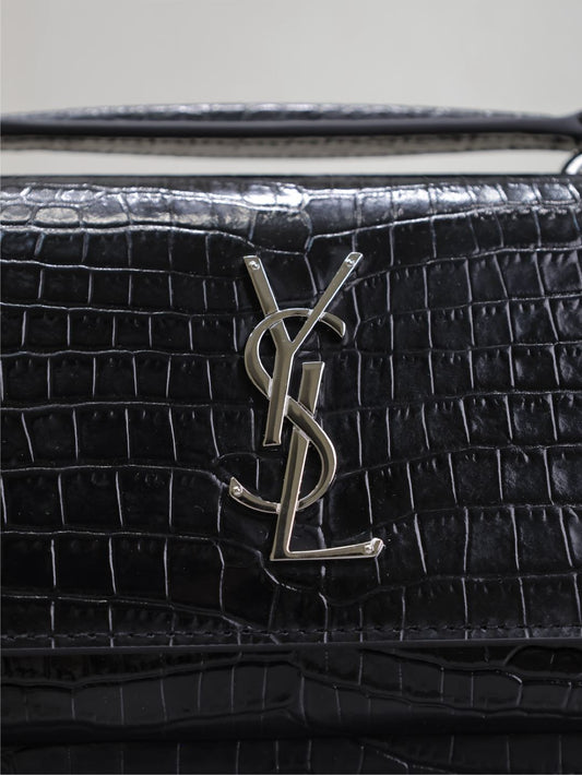 Luxury Saint Laurent SUNSET SMALL BAG 19 IN BLACK CROCODILE-EMBOSSED CALFSKIN SILVER HARDWARE