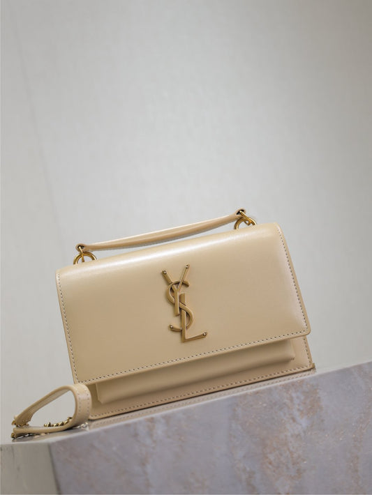 Luxury Saint Laurent SUNSET SMALL BAG 19 IN BEIGE CALFSKIN GOLD HARDWARE