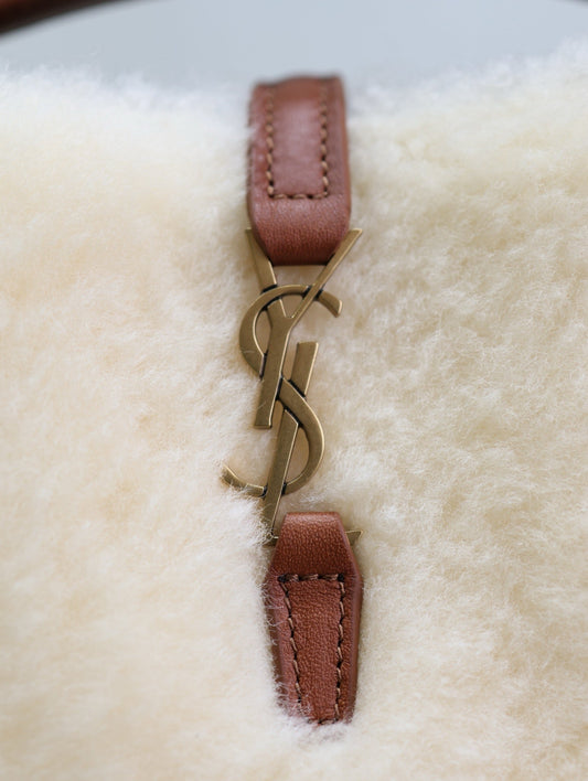 Luxury Saint Laurent LE 37 MINI BUCKET BAG 15 IN CREAM SHEARLING AND BROWN LEATHER TRIM