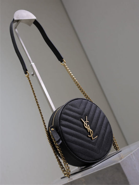 Luxury Saint Laurent VINYLE SMALL ROUND BAG 17 IN BLACK CAVIAR LEATHER GOLD HARDWARE
