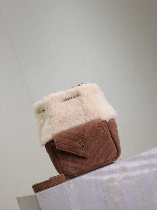 Luxury Saint Laurent JOE MINI BUCKET BAG 19 IN WHITE SHEARLING AND BROWN SUEDE